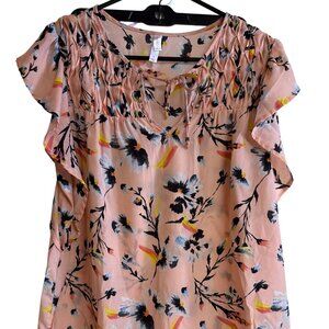Xhilaration Peach Floral Women Blouse S Ruffled Short Sleeve Lightweight Polyest